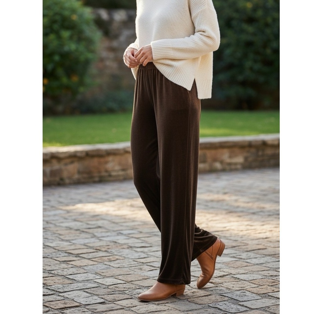 Notations Womens L Velvet Wide Leg Brown Holiday Velour Lounge Comfort Pants